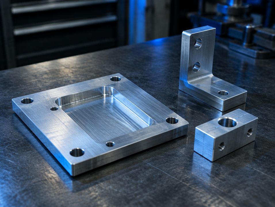 Placa, escuadra y bloque de duraluminio mecanizados