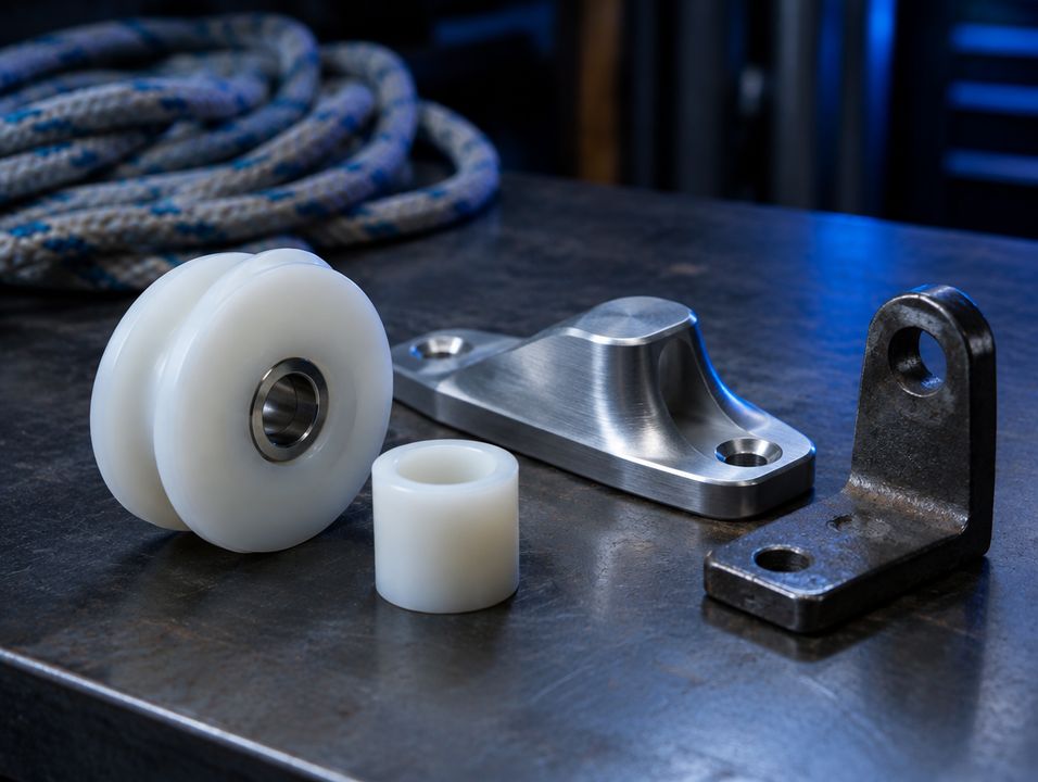 Polea y casquillo de plástico con soportes mecanizados