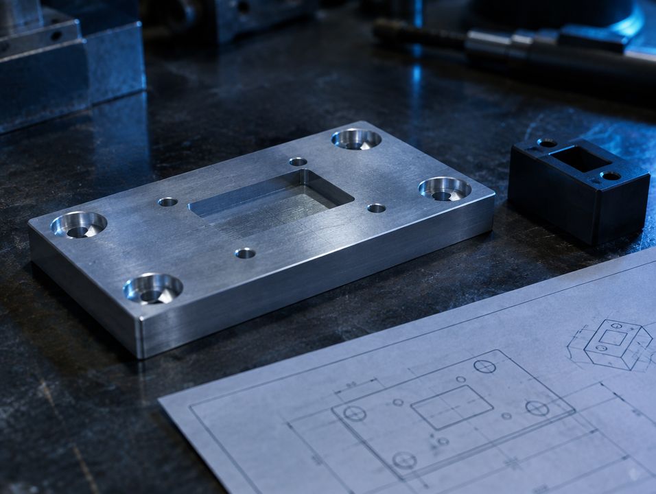 Placa de duraluminio mecanizada junto a su plano técnico